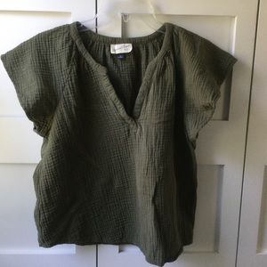 Textured Cotton Flutter Sleeve Army Green Top